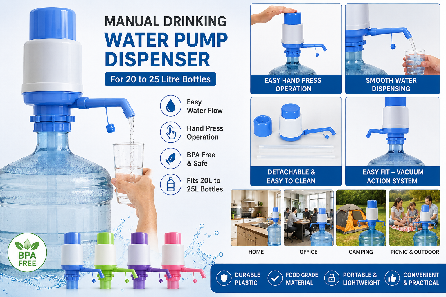 Manual Drinking Water Pump Dispenser for 20-25 Litre Water Bottles | Hand Press Water Can Pump for Home, Office & Camping | Easy Fit Vacuum Action Water Dispenser